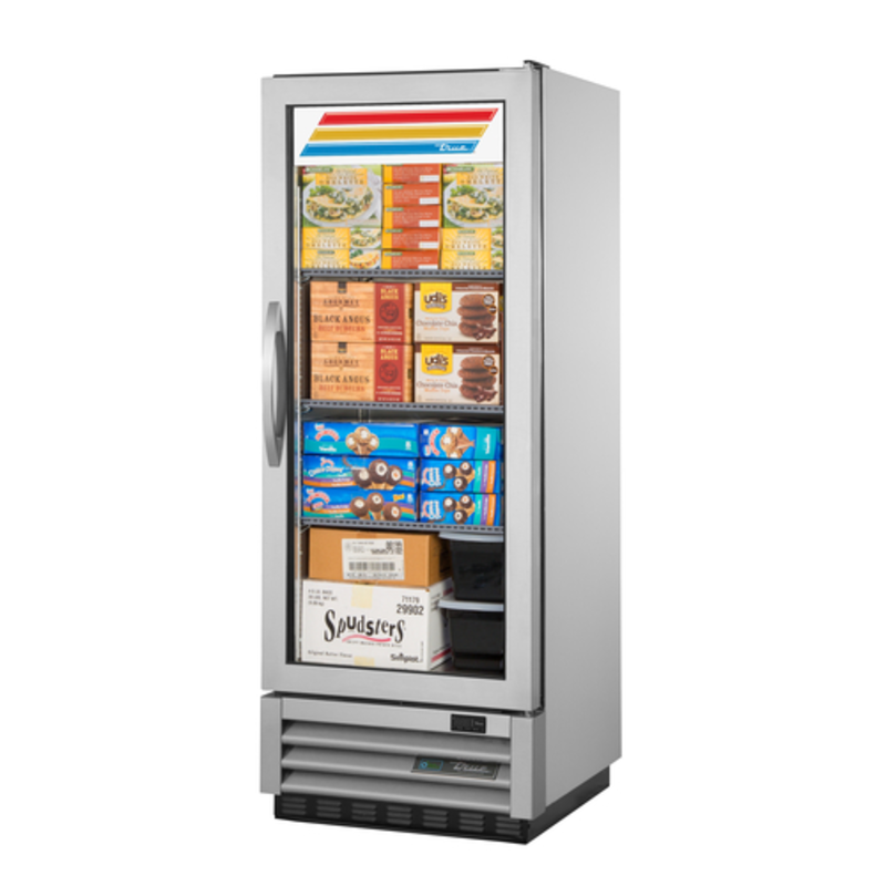 True 24-7/8" Single Section Glass Door Commercial Reach-In Freezer single glass door display freezer with visible frozen food products