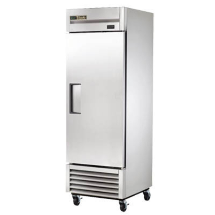 Alt Tag: True T-23-HC 27-Inch Stainless Steel Solid Door Reach-In Refrigerator, single-door commercial stainless reach-in fridge on casters
