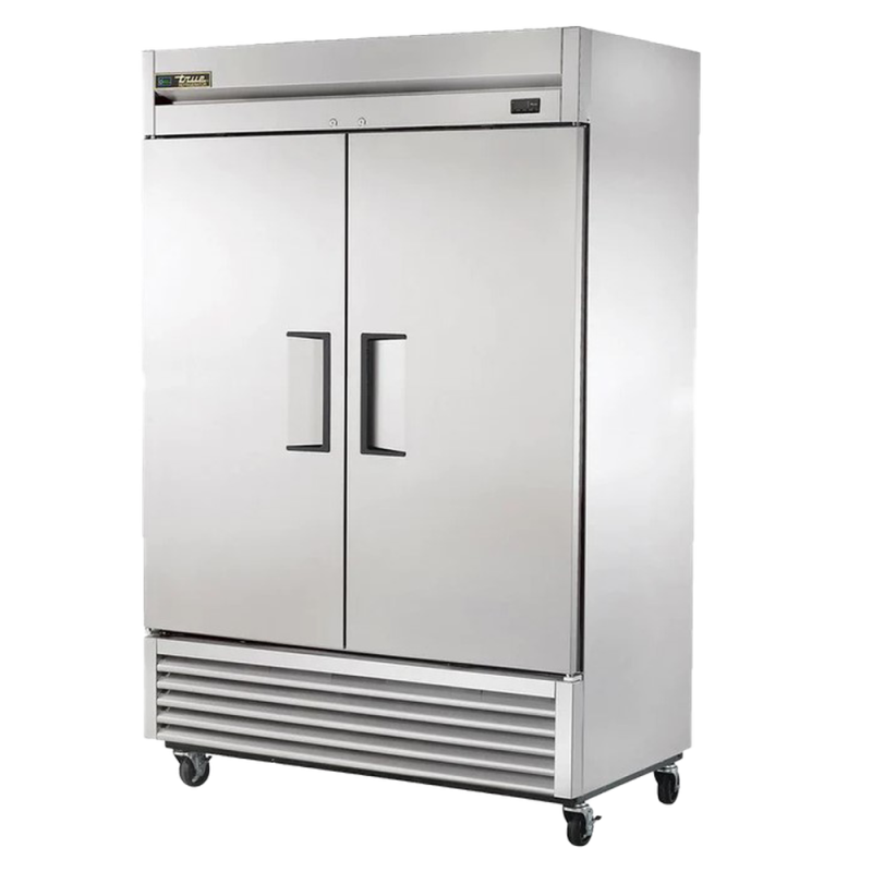 Alt Tag: TRUE T-49F REFURBISHED 54.1" Two Door Reach-In Solid Freezer stainless steel two-door commercial freezer front view