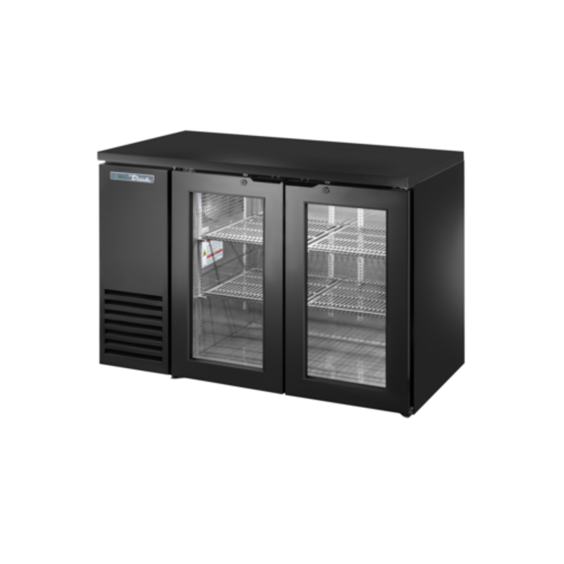 Alt Tag: True TBB24-48-2G-Z1-BST-B-1 48" Glass Swing Door Back Bar Cooler with black exterior, dual glass doors, LED-lit shelves
