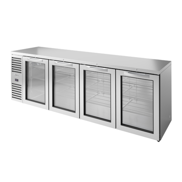 Alt Tag: True TBR108-RISZ1-L-S-GGGG-1 108" Four-Door Glass Back Bar Refrigerator stainless steel 4 glass door back bar cooler