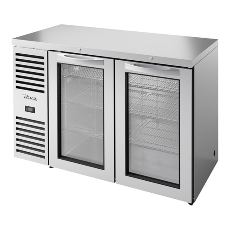Alt Tag: True 52-inch Two Glass Door Back Bar Refrigerated Cabinet stainless steel outdoor-rated commercial back bar fridge with two glass doors
