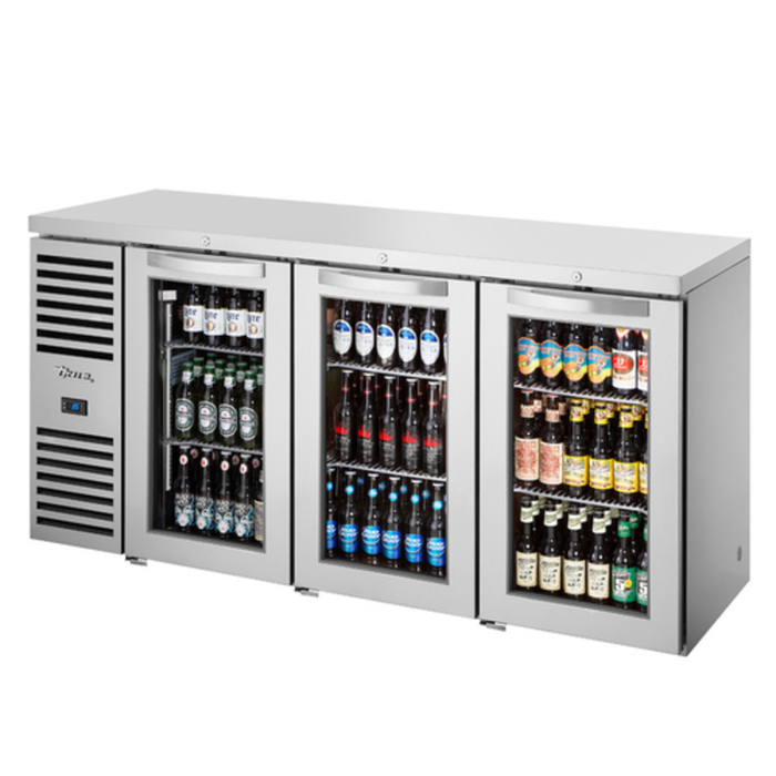 Alt Tag: True 72-Inch Three Glass Door Refrigerated Back Bar Cabinet stainless steel outdoor-rated back bar cooler with three glass doors