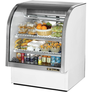 Alt Tag: True TCGG-36-HC-LD 36-Inch Curved Glass Refrigerated Deli Case with curved glass display of salads, drinks, and packaged foods