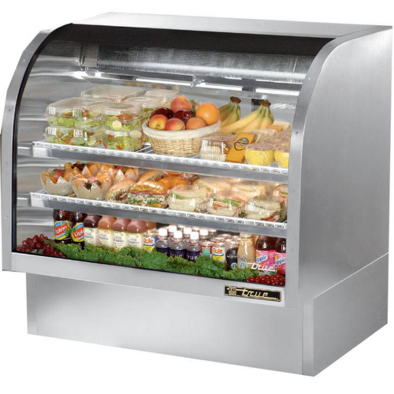 Alt Tag: True TCGG-48-S-HC-LD 48-Inch Curved Glass Refrigerated Deli Case with LED-lit display for deli meats, salads, drinks