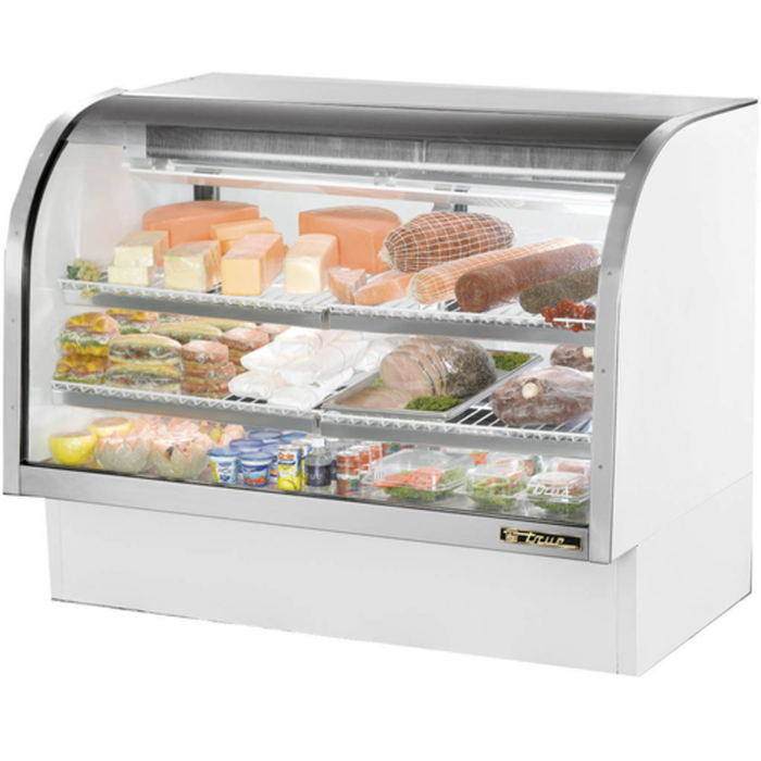 Alt Tag: True TCGG-60-HC-LD 60-Inch Curved Glass Refrigerated Deli Display Case with meats, cheeses, and deli items in chilled case
