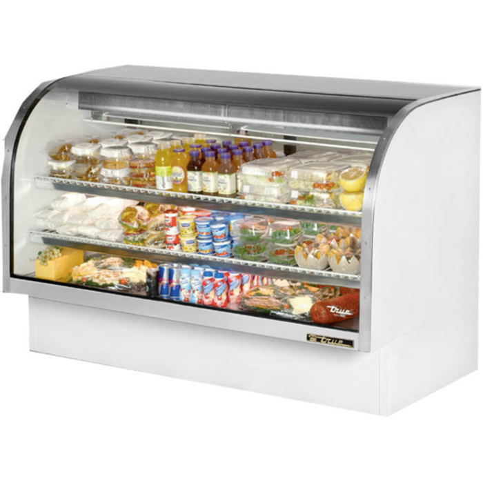 Alt Tag: True 72-Inch Curved Glass Refrigerated Deli Display Case curved glass deli showcase with refrigerated shelves for packaged foods