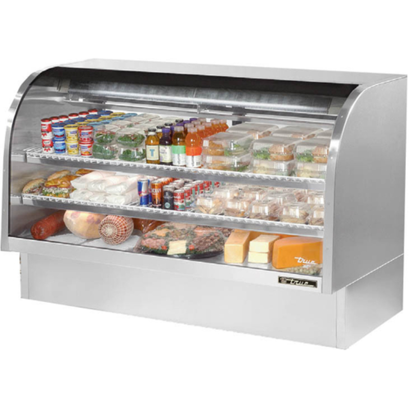 Alt Tag: True 72-Inch Stainless Steel Curved Glass Refrigerated Deli Case with curved glass display and refrigerated shelves for deli items