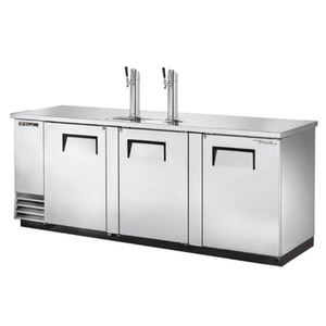 Alt Tag: True TDD-4-S-HC 90-3/8" Four Keg Solid Swing Door Draft Beer Cooler with dual draft towers and stainless steel direct draw dispenser