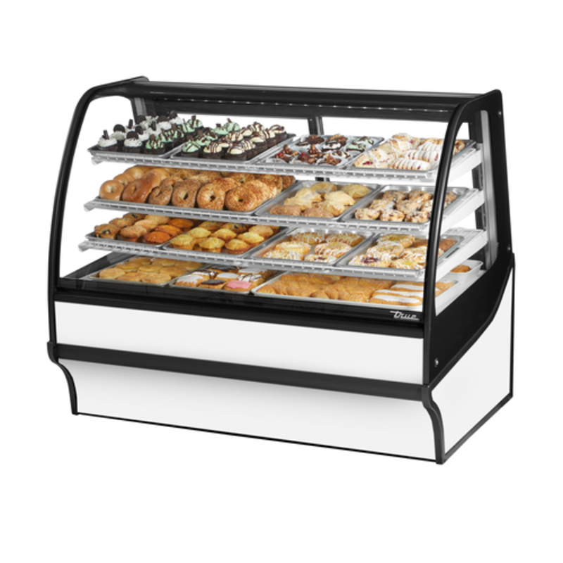 Alt Tag: True TDM-DC-59 59.25" Curved Glass Non-Refrigerated Bakery Display Case with curved glass front, glass ends, multi-shelf pastry case