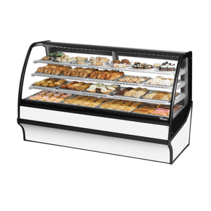 Alt Tag: True TDM-DC-77 77 Inch Curved Glass Dry Bakery Display Case with curved glass and LED-lit shelves filled with pastries