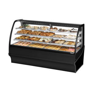 Alt Tag: True 77-1/4 Inch Curved Glass Non-Refrigerated Bakery Display Case with curved glass front showcasing pastries and baked goods
