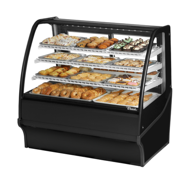 Alt Tag: True TDM Series 48 Inch Curved Glass Dry Bakery Display Case with curved glass front, multi-tier shelves, pastries and baked goods