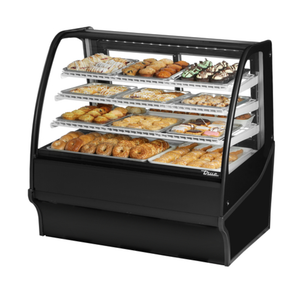 Alt Tag: True TDM Series 48 Inch Curved Glass Dry Bakery Display Case with curved glass front, multi-tier shelves, pastries and baked goods