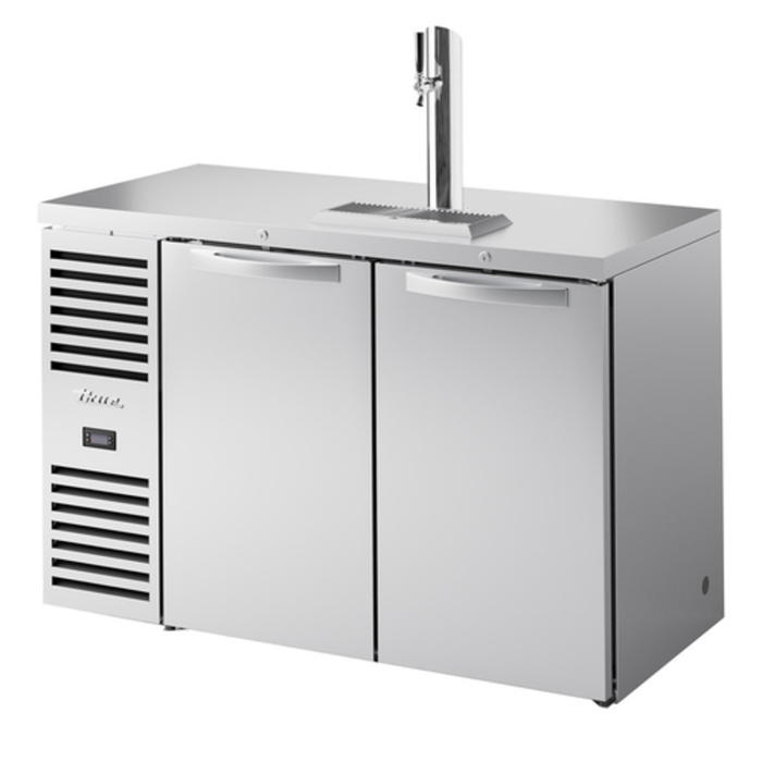 Alt Tag: True TDR52-RISZ1-L-S-SS-1 52" Two Door Draft Beer Cooler Refrigerator stainless steel two-door keg cooler with draft tower