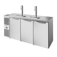 Alt Tag: True TDR84-RISZ1-L-S-SSS-1 84" Stainless Steel Reach-In Draft Beer Cooler with dual tower taps and three-door commercial fridge