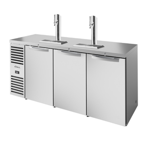 Alt Tag: True TDR84-RISZ1-L-S-SSS-1 84" Stainless Steel Reach-In Draft Beer Cooler with dual tower taps and three-door commercial fridge