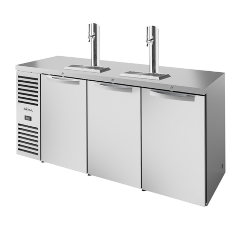 Alt Tag: True TDR84-RISZ1-L-S-SSS-1 84" Stainless Steel Reach-In Draft Beer Cooler with dual tower taps and three-door commercial fridge