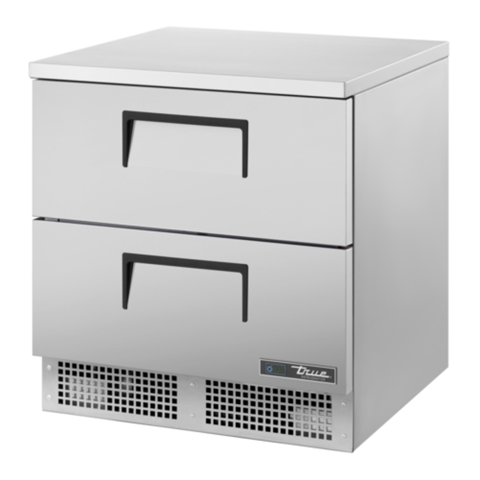 True TFT-32D-2-HC 32-Inch Undercounter Flat Top Refrigerated Counter with two drawers, stainless steel worktop