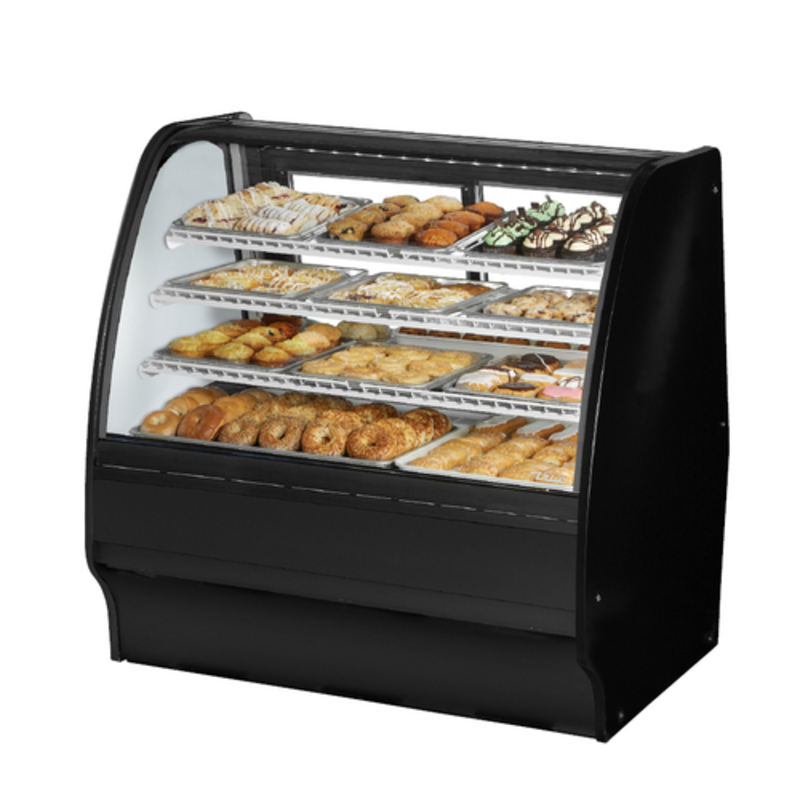 Alt Tag: True TGM-DC-48 48 1/4" Curved Glass Dry Bakery Display Case with curved glass front and multi-shelf pastry display