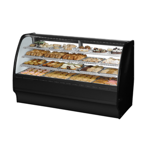 Alt Tag: True TGM-DC-77-SC/SC-B-W 77" Curved Glass Non-Refrigerated Bakery Display Case with curved glass front showcasing assorted pastries and desserts