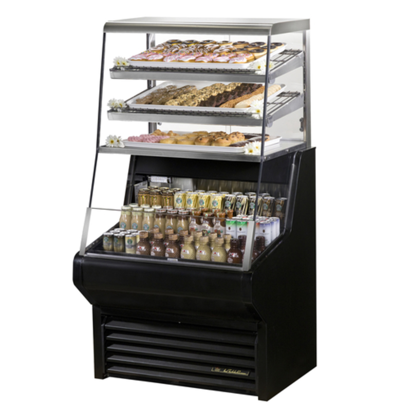 Alt Tag: True THAC-36DG-HC-LD 36" Open Air Refrigerated Display Merchandiser with open-air shelves for pastries and chilled drinks