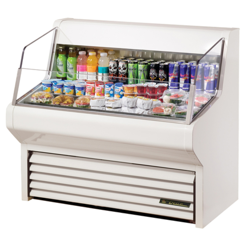Alt Tag: True THAC-48-HC-LD 48 Inch Open Air Curtain Refrigerated Merchandiser open display case with packaged drinks and grab-and-go foods