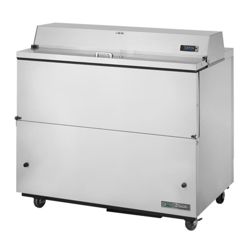 Alt Tag: True TMC-49-S-HC 49-Inch Stainless Steel School Milk Cooler Station stainless steel milk cooler with hinged lid on casters