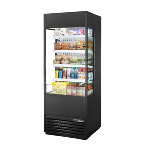 Alt Tag: True TOAM-30GS-HC~NSL01 30" Open Air Grab-and-Go Merchandiser Refrigerator with glass sides displaying snacks and drinks
