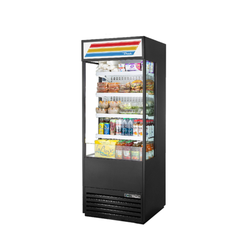 True 30 Inch Open Air Glass Sided Display Refrigerator Merchandiser open-air glass-sided refrigerated merchandiser for snacks and drinks