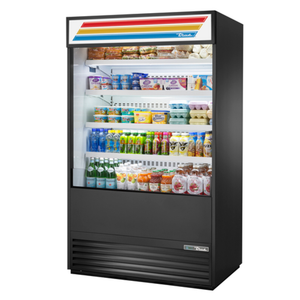 Alt Tag: True TOAM-48-HC~TSL01 48-Inch Open Air Grab and Go Refrigerator open air merchandiser for packaged drinks, snacks and dairy