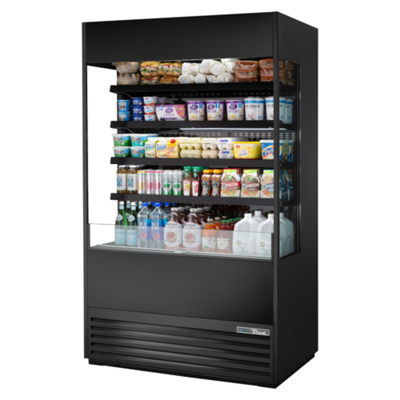 Alt Tag: True TOAM-48GS-HC~NSL01 48" Open Air Glass Sided Refrigerated Merchandiser open front display case for drinks and grab-and-go