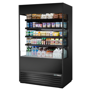 Alt Tag: True TOAM-48GS-HC~NSL01 48" Open Air Glass Sided Refrigerated Merchandiser open front display case for drinks and grab-and-go