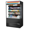 Alt Tag: True 48" Glass Sided Open Air Merchandiser Refrigerator Display Case with glass sides, open front shelves, black finish grab-and-go display