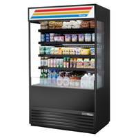 Alt Tag: True 48" Glass Sided Open Air Merchandiser Refrigerator Display Case with glass sides, open front shelves, black finish grab-and-go display