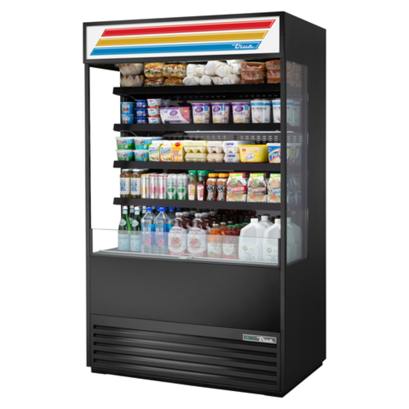 Alt Tag: True 48" Glass Sided Open Air Merchandiser Refrigerator Display Case with glass sides, open front shelves, black finish grab-and-go display