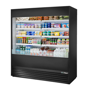 True 72" Open Air Refrigerated Display Merchandiser for Grab-and-Go open front cooler stocked with drinks, yogurt, and grab-and-go items