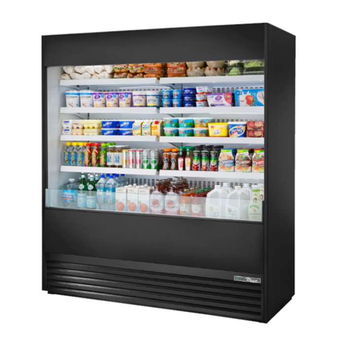 True 72" Open Air Refrigerated Display Merchandiser for Grab-and-Go open front cooler stocked with drinks, yogurt, and grab-and-go items