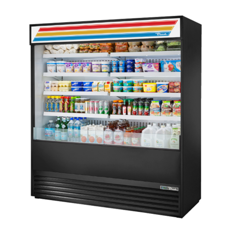 Alt Tag: True 72-inch Open Air Merchandiser Refrigerated Display with LED Lighting open-front cooler with LED shelves for grab-and-go drinks