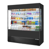 Alt Tag: True 72" Open Air Glass Sided Refrigerated Display Merchandiser black open-front cooler with glass sides for beverages and grab-and-go