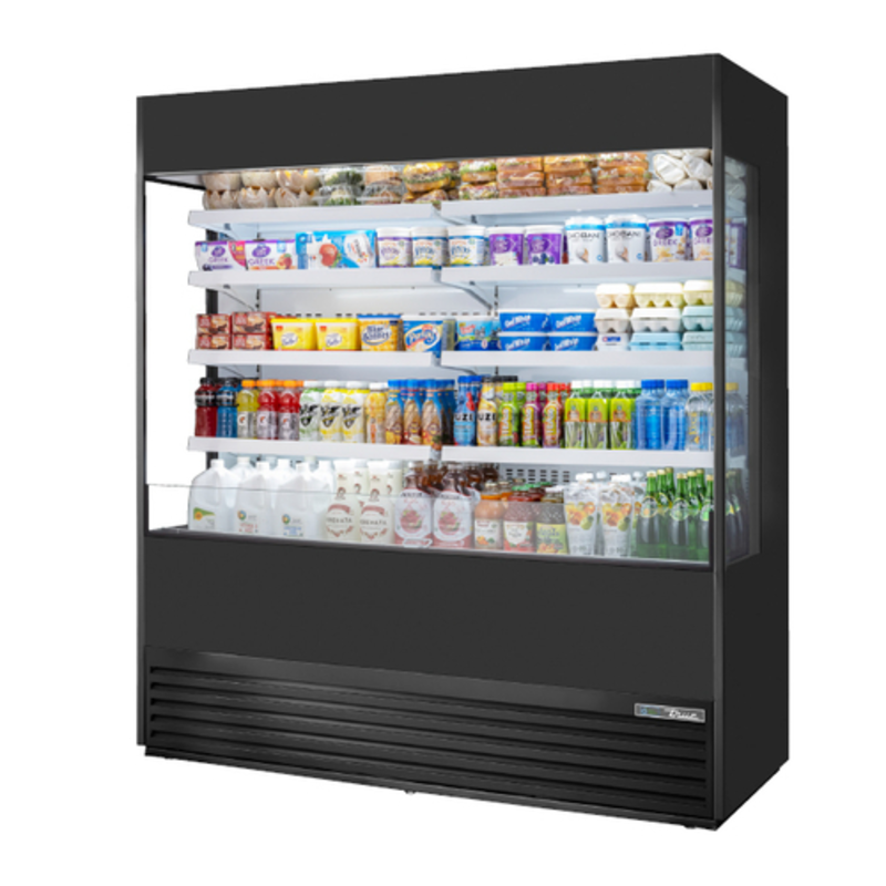 Alt Tag: True 72" Open Air Glass Sided Refrigerated Display Merchandiser black open-front cooler with glass sides for beverages and grab-and-go