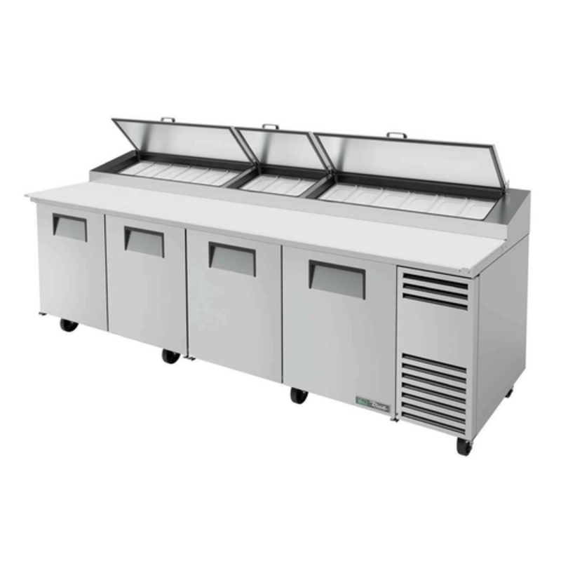 Refrigerated Pizza Prep Table Featuring Four Solid Doors And Open Prep Area For Efficient Food Preparation