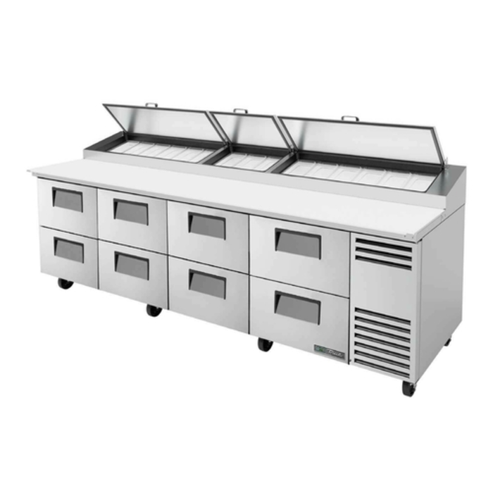 Alt Tag: True TPP-AT-119D-8-HC 119" Eight-Drawer Refrigerated Pizza Prep Table with solid drawers, stainless prep surface and raised ingredient rail