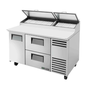 True TPP-AT-60D-2-HC 60-Inch Two-Section Pizza Prep Table Refrigerator with stainless top, dual lid ingredient bins, and drawers