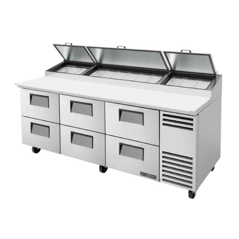 True 93 Inch Solid Drawer Angled Top Pizza Prep Refrigerator with Stainless Steel Finish and Preparation Space