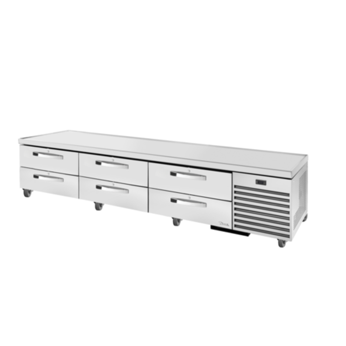 Alt Tag: True TRCB-110-HC~SPEC3 110" Stainless Steel Six-Drawer Refrigerated Chef Base with stainless top and six drawers