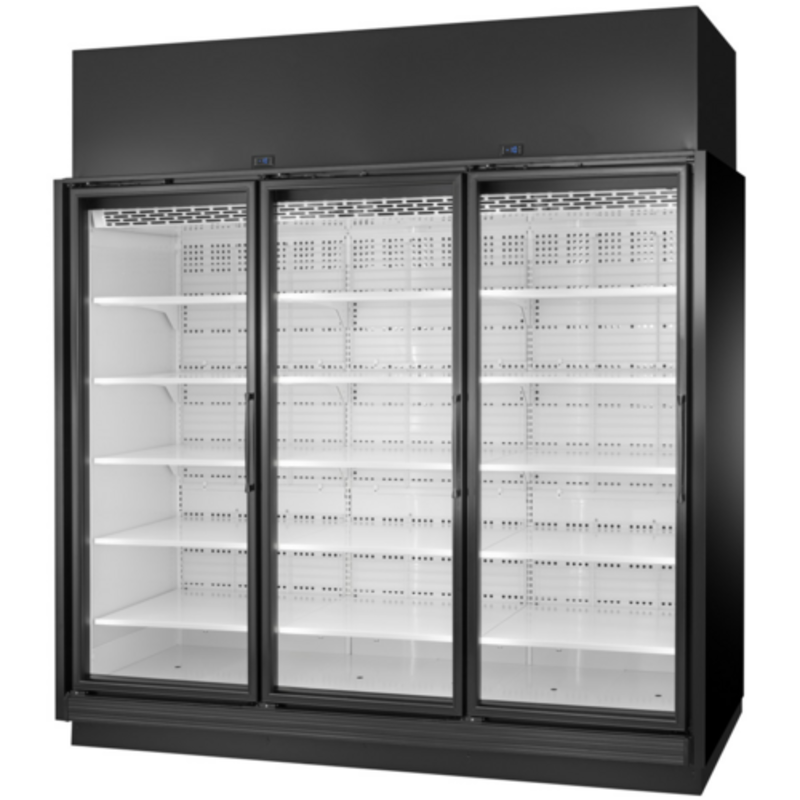 Alt Tag: True TRM3L-NN-BLK-WHT-1BLKRRR-4 98" Three-Door Glass Door Merchandiser Freezer black three-glass-door commercial freezer