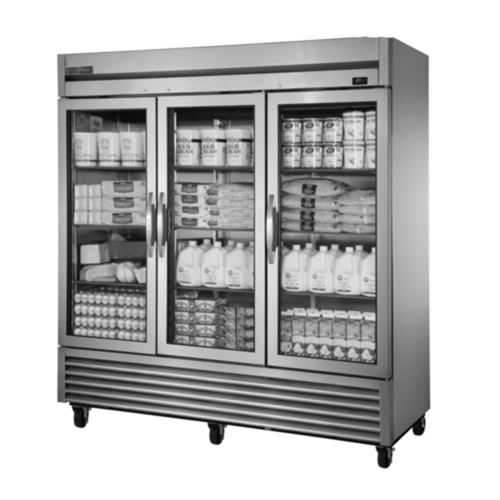 True TS-Series 78 1/8" Commercial Reach-In Glass Door Refrigerator three-door stainless steel reach-in display fridge