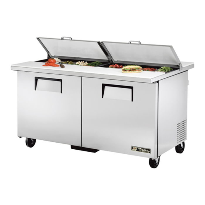Alt Tag: True TSSU-60-16-DS-ST-HC 60-inch Dual Sided Sandwich Salad Prep Table stainless steel dual-sided refrigerated prep unit