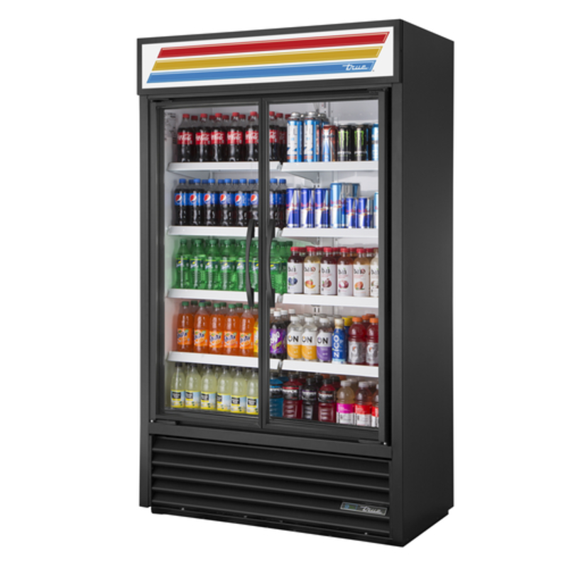 True 47-Inch Two-Section Glass Door Merchandiser Refrigerator With Beverages And Packaged Foods